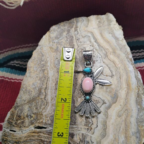 Southwest Hummingbird Pendant Pink Conch Shell Turquoise Sterling Silver 2.5" - Picture 3 of 6